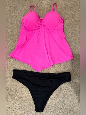 Cacique Women's Pink Swim Tankini Top with Black Bikini Bottoms